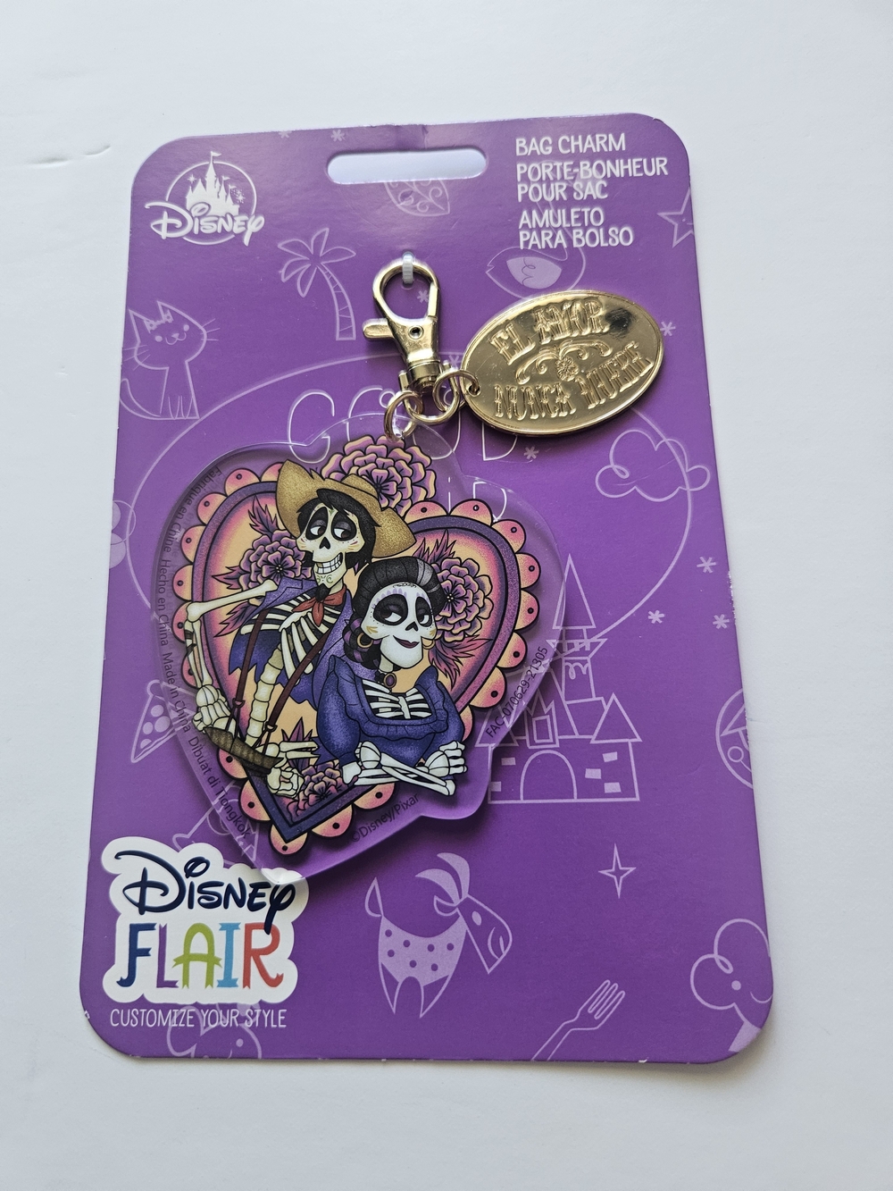 Disney Purple Day of the Dead Heart Bag Charm with Gold Tone Tag